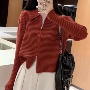 Solid Color Simple Soft Ankora Red Knit Sweater Casual Jacket Women Premium American Polo Neck Zipper Sweater