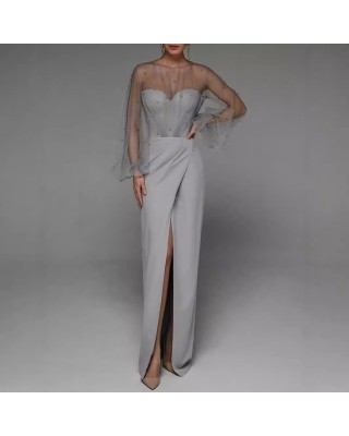 Spring and summer new women's long dress sexy halter pearl long-sleeved even