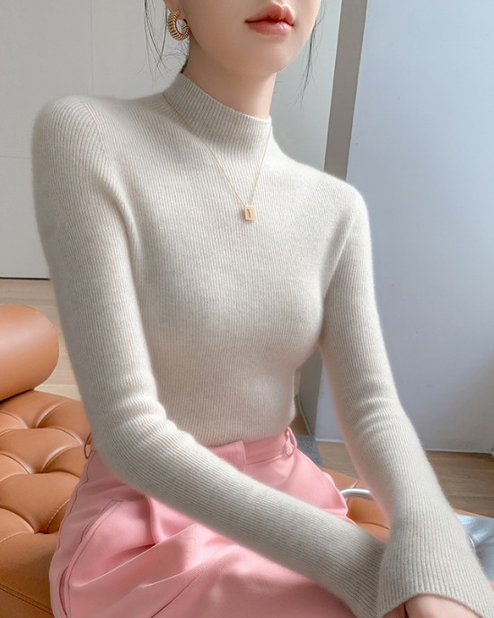 [Hot Sale] Seamless semi high neck soft glutinous cashmere sweater for women, slim fit and slimming sweater, knitted base sweater