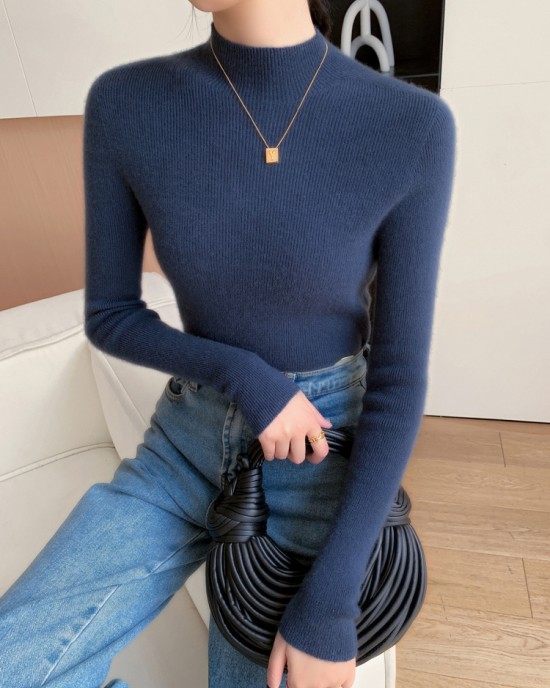 [Hot Sale] Seamless semi high neck soft glutinous cashmere sweater for women, slim fit and slimming sweater, knitted base sweater