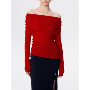 [Special Offers] Gentle style one shoulder Yangtze yarn knitted sweater for women in autumn, slim fit, high-end feeling, pleated off shoulder top