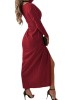 Sexy V-neck solid color long sleeve slit dress