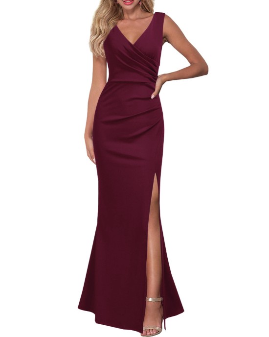 Sexy V-neck fashion solid color slim slit dress