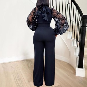 Standing collar mesh lantern sleeves slim fit women's oversized African wide leg jumpsuit