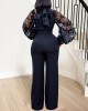 Standing collar mesh lantern sleeves slim fit women's oversized African wide leg jumpsuit