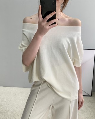 One shoulder knitted short sleeved temperament women's fashion commuting ladies wear women's T-shirts