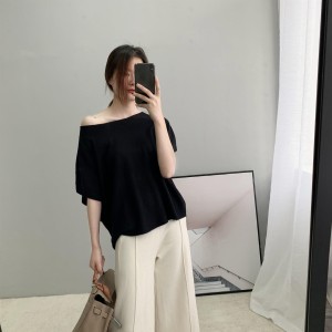 One shoulder knitted short sleeved temperament women's fashion commuting ladies wear women's T-shirts