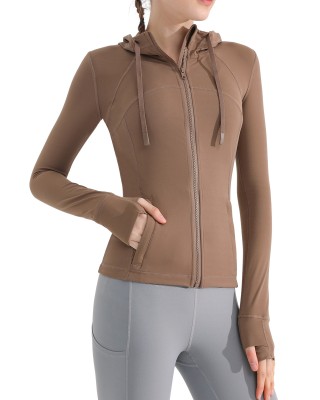 Nude feeling matte yoga suit jacket for women's running, quick drying, breathable, slimming and tight fitting hooded fitness suit top